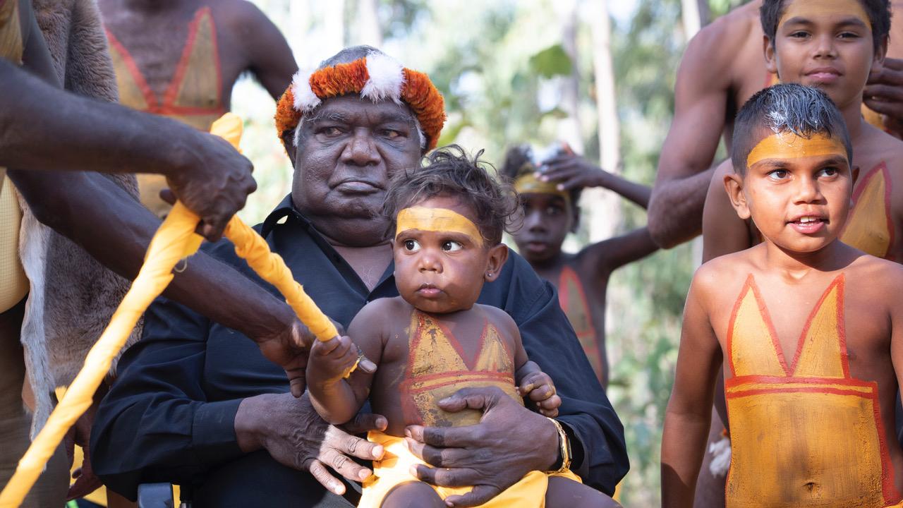 Credit: Yunupingu with Gumatj boys at Garma 2019. Picture: Peter Eve