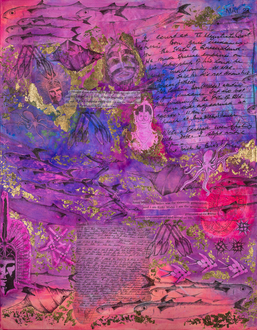 Vibrant purple-pink collage blending sea life drawings (fish, octopus), handwritten text, and gold leaf accents.